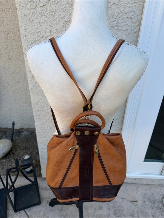 Valentina Handbags - Valentina Cognac Tan & Brown Leather Two Tone Backpack Purse